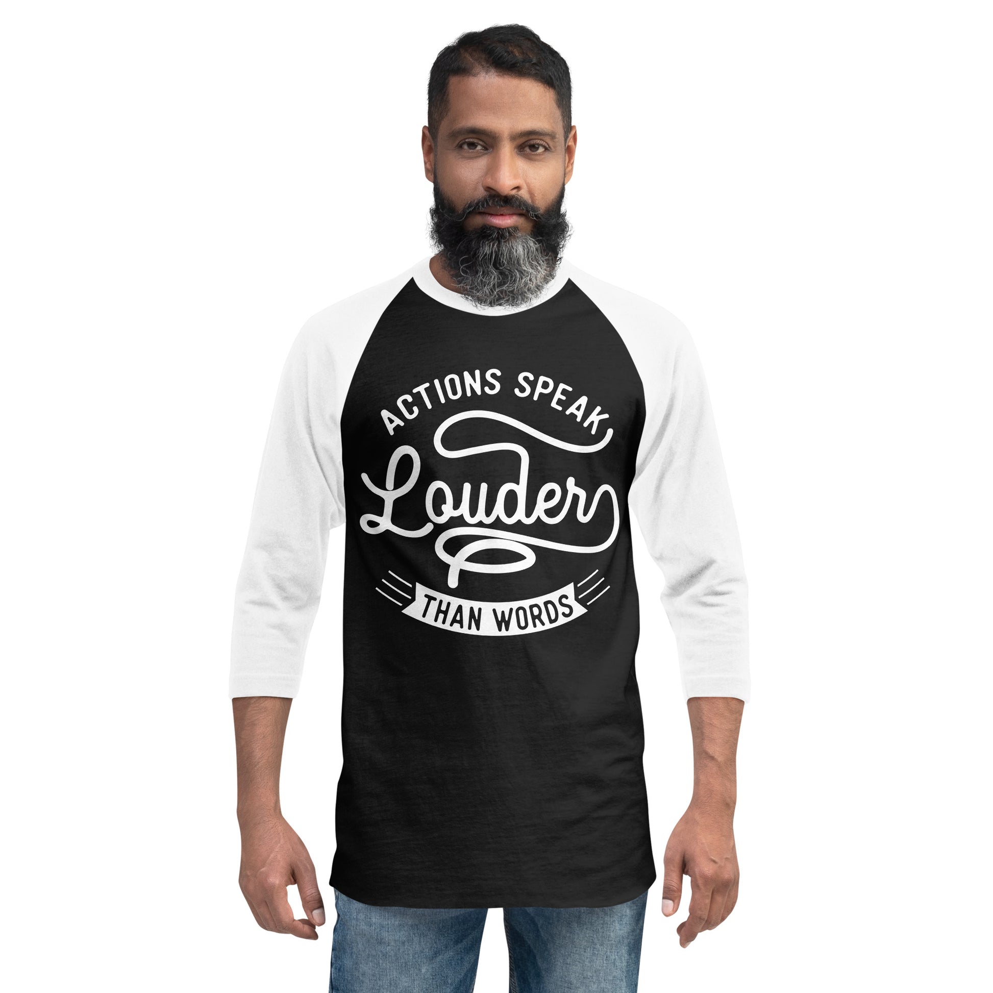 Mens Actions Speak Louder Than Words  3/4 sleeve raglan shirt - Pixellly